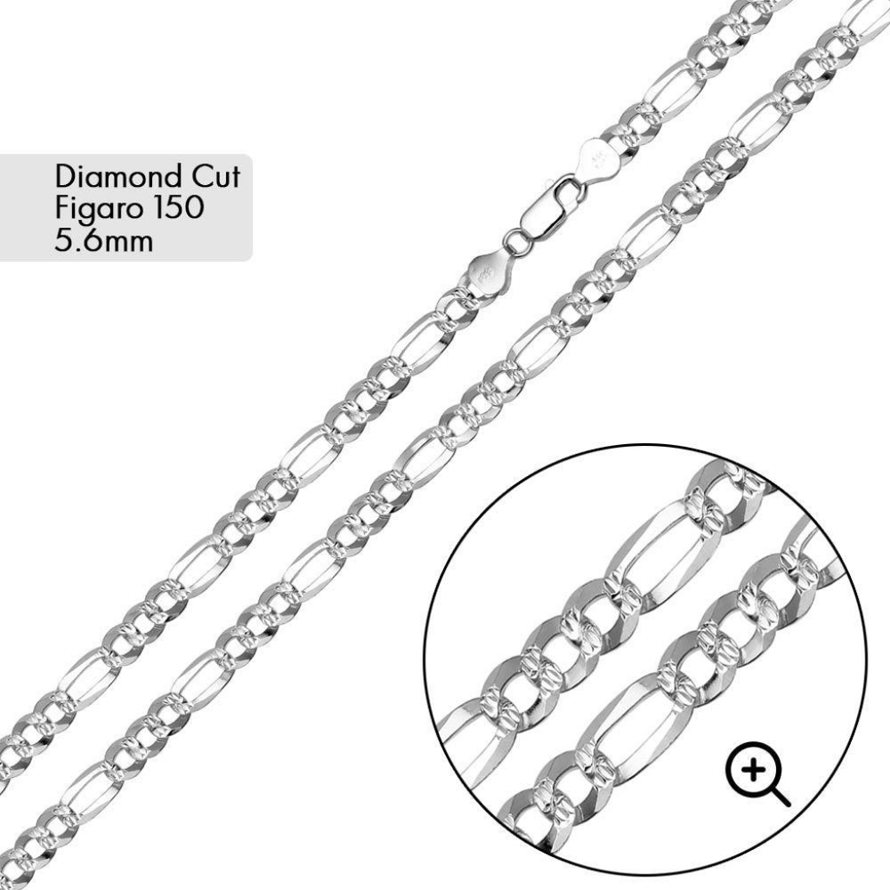 925 Silver Diamond Cut Figaro Bracelet 5.6mm, 8 inches
